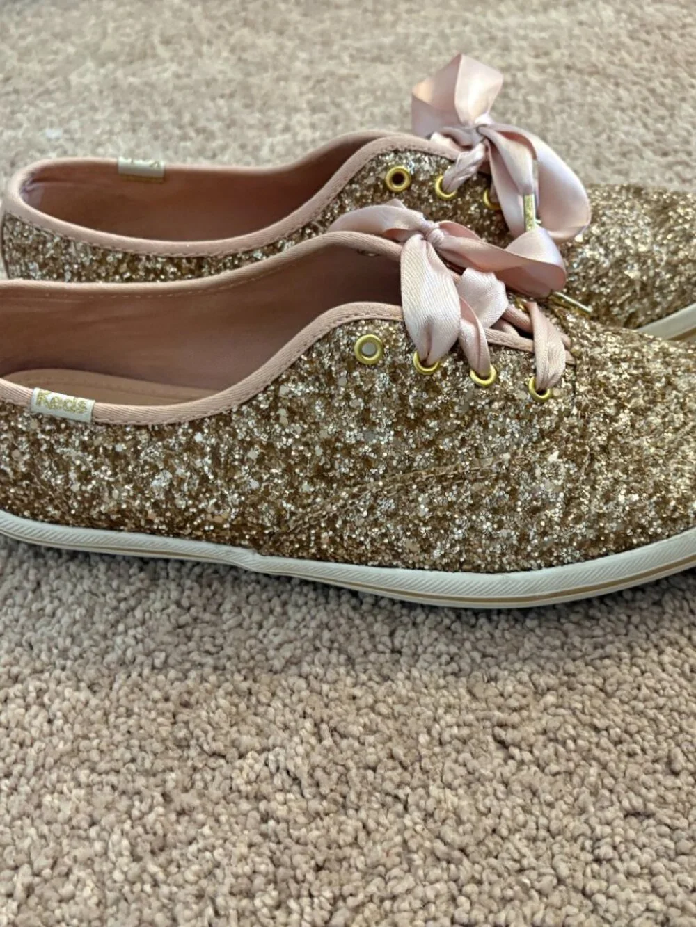 Keds x Kate Spade Rose Gold Glitter Sneakers Ribbon Lace Size 7.5